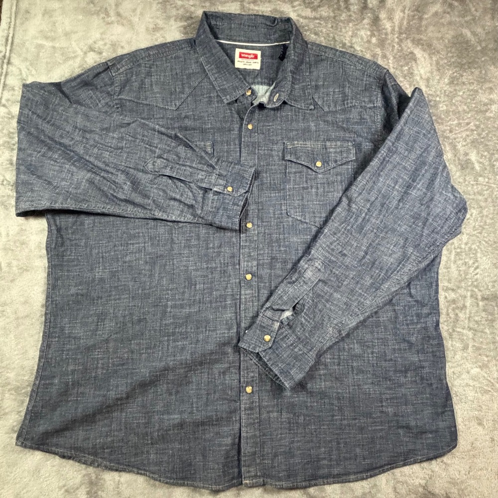Wrangler Mens Blue Chambray Western Snap Front button Long Sleeve Shirt 3XL